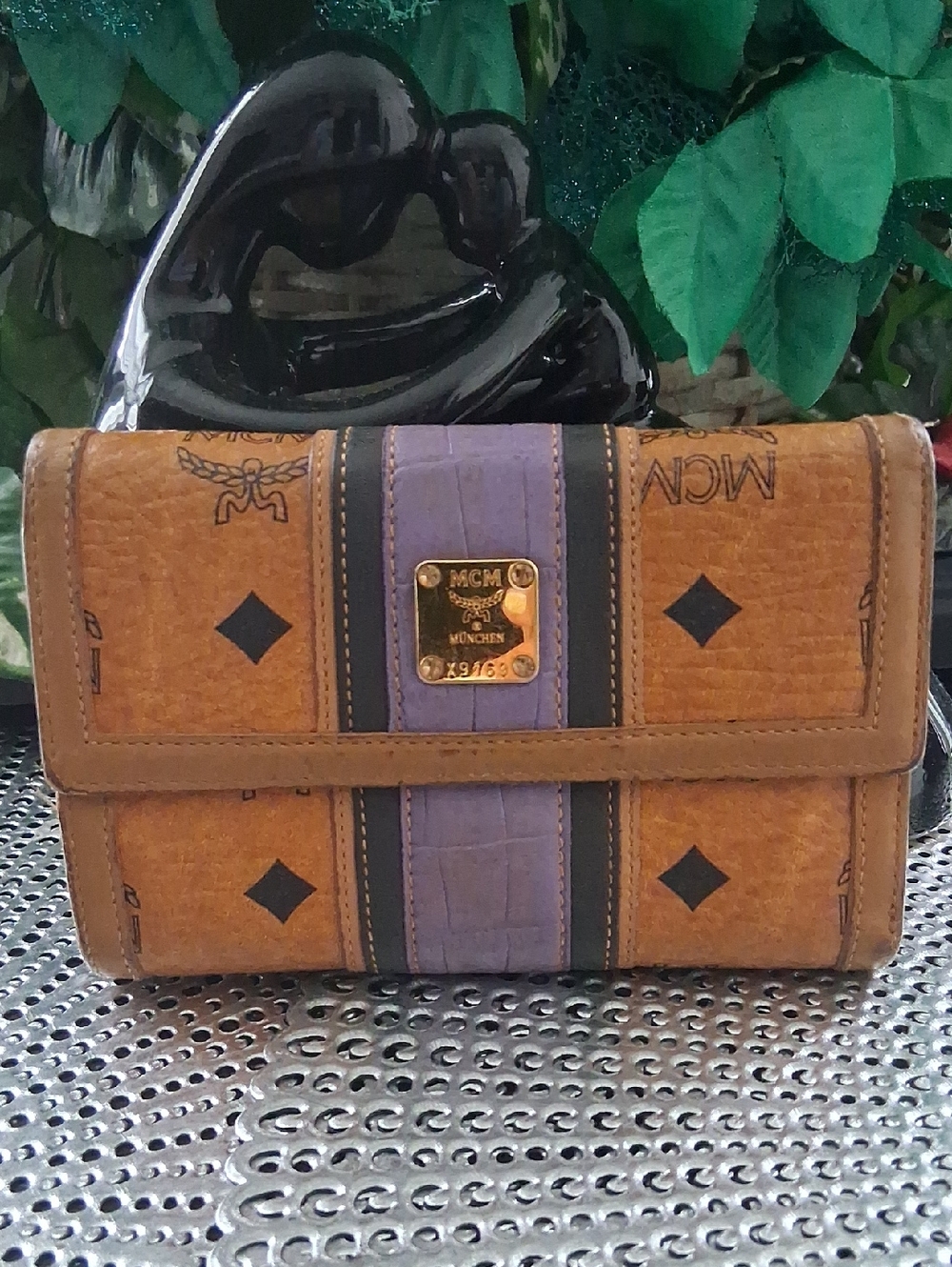 MCM Cognac Leather Wallet with Purple Center Stripe